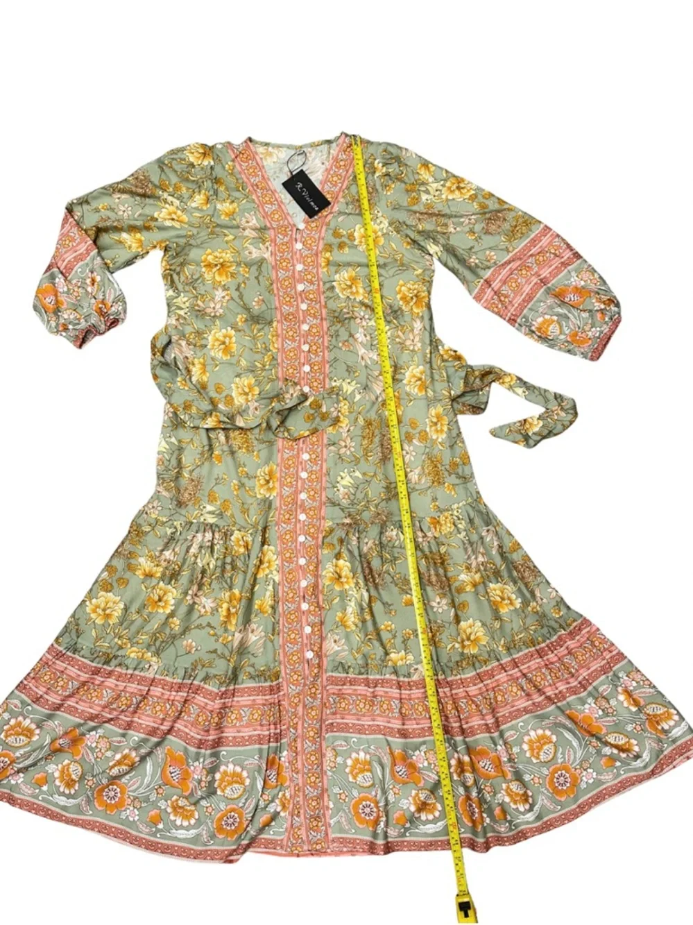 Boho Floral Midi Dress Sage Green Pink Border Print Button Front Size M NWT - Picture 14 of 15